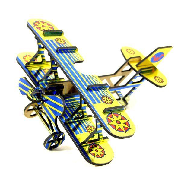 puzzle 3d biplan chrome jaune bleu